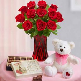 10 Red Roses with vase, Teddy bear & handmade Chocolates