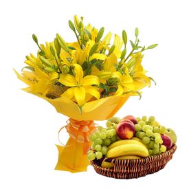 Mixed lilies With Mixed Fruits with basket