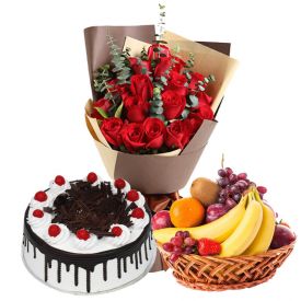 Bunch of 10 Red Roses and 2 kg fruits in Basket and 1 Kg Black forest cake