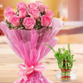Pink roses with Bamboo plant