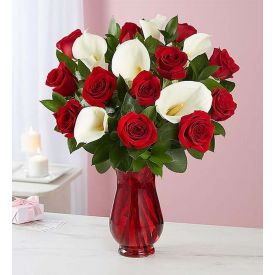 Red roses & white lilies with vase