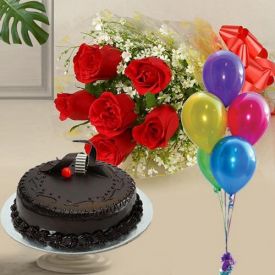 happy birthday cake with flowers and balloons