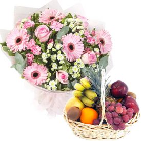Seasonal Fruits with Mixed Flowers Basket