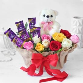 Mixed Roses, chocolates and Teddy
