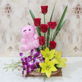 Mixed Flowers With teddy bear