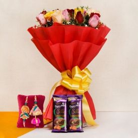 Bouquet With Mixed Roses N Rakhi