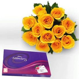 Yellow roses with Cadbury celebration