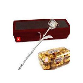 6 Inch Silver Rose with 16 Pcs Ferrero Rocher Chocolates