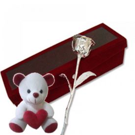 6 Inch silver Rose with 6 Inch Teddy Bear