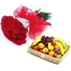 10 Red Carnation and 2 Kg Mixed Fruits with Basket