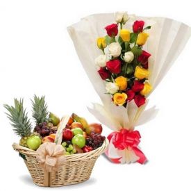 10 Mixed Roses and 2 Kg Mixed Fruits with Basket