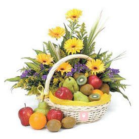10 Yellow Gerbera and 2 Kg Mixed Fruits with Basket