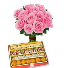 Bunch of 10 Pink Roses with 1/2 Kg Mixed Sweets