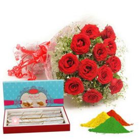 Red roses, kaju katli with gulal