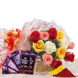Mixed roses, Dairy milk chocolates with Gulal