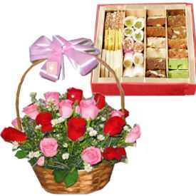 Basket of 20 Pink and Red Roses with 1/2 Kg Mixed Sweets