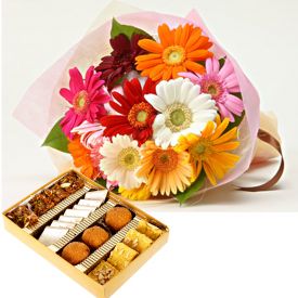 Bunch of 10 Mixed Gerbera and Mixed Sweets