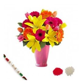 Mixed Flowers in Vase With Rakhi