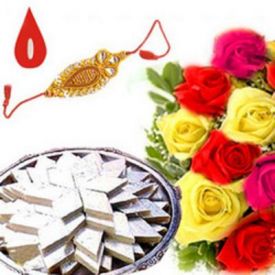 250gms Kaju Katli, Bunch 12 mixed colour roses With Free 1 Rakhi