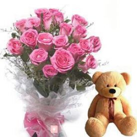 A bunch of 25 pink roses and (6 inch) brown teddy bear