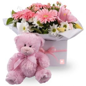 A bunch of 20 mixed flower, and(6 inches) pink teddy bear