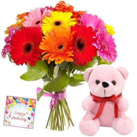 A bunch of 20 mixed gerberas, and brown 6-inch teddy bear