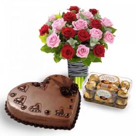 1 kg heart shape chocolate cake & 16 pcs Ferrero Rocher chocolate 20 mixed rose