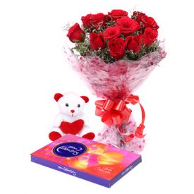 10 Red Roses, Teddy Bear (6 Inch) and Cadbury Celebration Pack