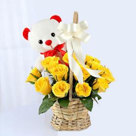 15 Yellow Roses in Round Basket with Teddy Bear