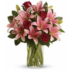 Pink lilies & red roses with vase