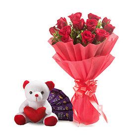 20 Red Roses, 6 inch Teddy Bear and 16 pcs Dairy Milk