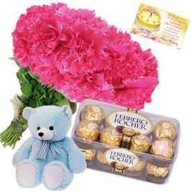 12 Pink Carnations with Teddy & Ferrero Rocher
