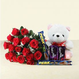 18 Red Roses with 4 Chocolate Bars & Teddy Bear