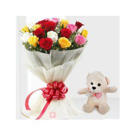 combo of 12 mixed Roses & adorable small teddy