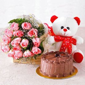 6 Pink Roses with Half Kg Pineapple Cake (Eggless) & Teddy