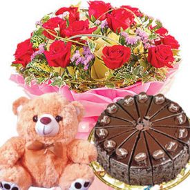 A bunch of 20 mixed carnationn 1/2 kg chocolate cake and 6 inch teddy bear