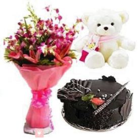 A vase of 10 purple orchids 1 kg chocolate cake and (12-inch-Teddy bear)