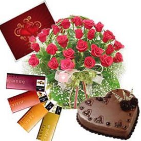 Basket of 20 Red Roses, 1 Kg heart shaped chocolate cake and 4 pcs Temptation