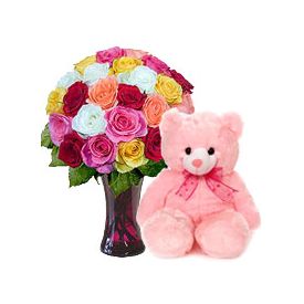 A vase of 30 mixed roses, and pink 12-inch- teddy