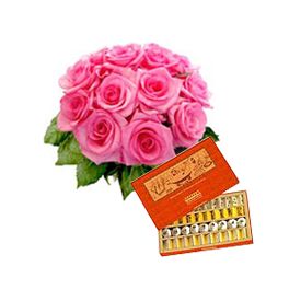 Pink Roses Bouquet and Assorted Sweets Box consisting of Burfis, Pedas, Soan Papri, Laddoos