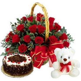 Basket of 15 Red Roses, 1/2 kg Black forest cake and 6 Inch Teddy bear