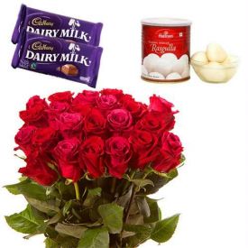 12 Red Roses With 1 Kg Rasgulla and 2 Cadbury Dairy Milks