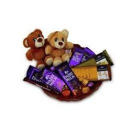 Basket of 10 mixed chocolates and 2 cute 6 inch teddy bears