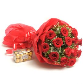 Supple Gesture and Bouquet of 10 Red Roses , Ferraro Rocher Chocolate Box - 16 pcs