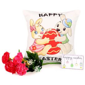 Easter Bunny Cushion with 7 pink carnmations