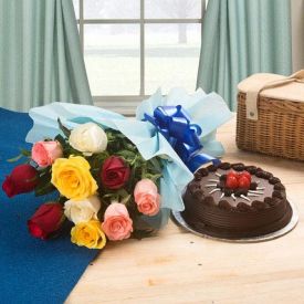 Chocolate Cake And Mixed Roses