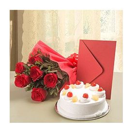 Roses, cake and greeting card