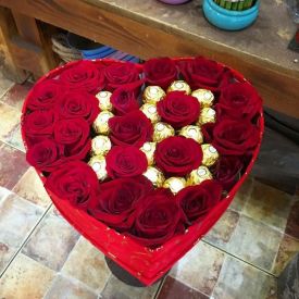 Floral Arrangement with a heart-shaped box